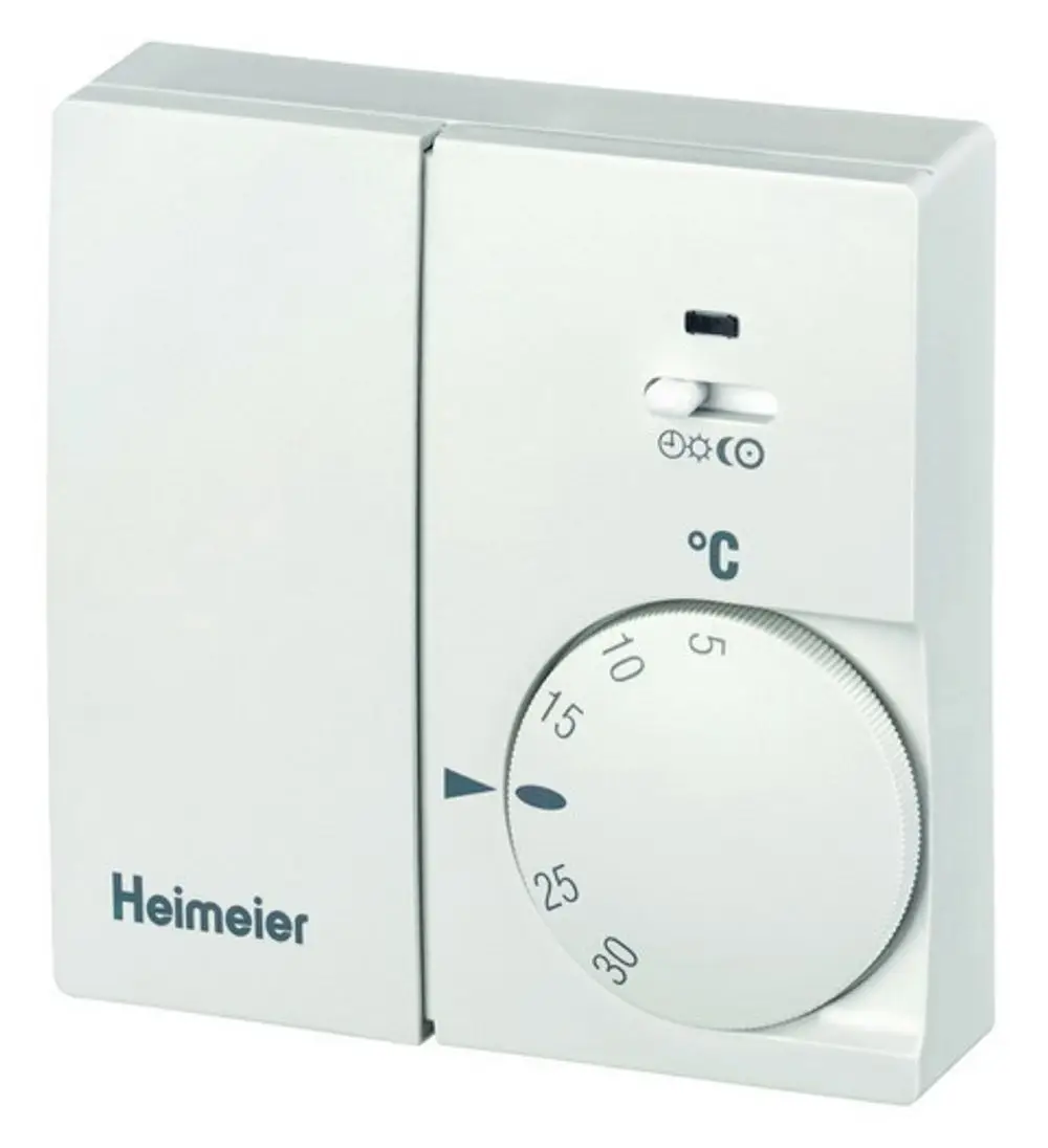 Weißer Raumthermostat mit Temperaturregler und Schalter, hergestellt von IMI Hydronic Engineering. Anzeige für Temperatureinstellungen und Betriebszustände sichtbar.